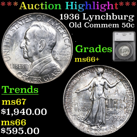 ***Auction Highlight*** 1936 Lynchburg Old Commem Half Dollar 50c Graded ms66+ By SEGS (fc)