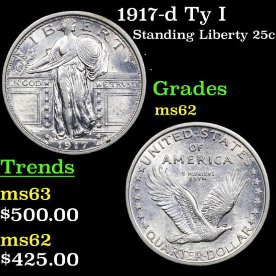 1917-d Ty I Standing Liberty Quarter 25c Grades Select Unc