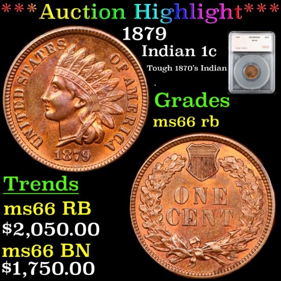 ***Auction Highlight*** 1879 Indian Cent 1c Graded ms66 rb By SEGS (fc)