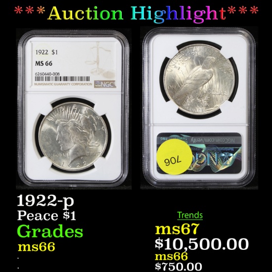 ***Auction Highlight*** NGC 1922-p Peace Dollar $1 Graded ms66 By NGC (fc)