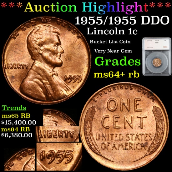 ***Auction Highlight*** 1955/1955 DDO Lincoln Cent 1c Graded ms64+ rb By SEGS (fc)