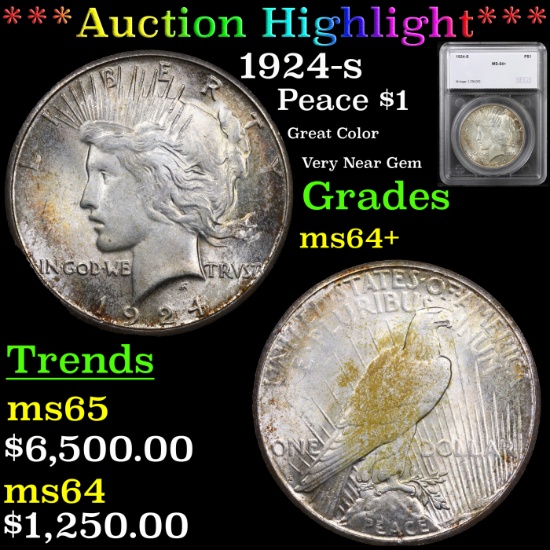 ***Auction Highlight*** 1924-s Peace Dollar $1 Graded ms64+ By SEGS (fc)