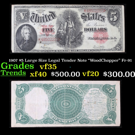 1907 $5 Large Size Legal Tender Note "WoodChopper" Fr-91 Grades vf++