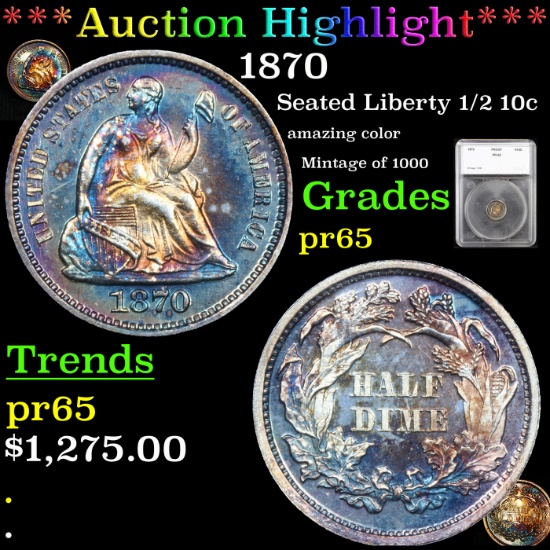 Proof ***Auction Highlight*** 1870 Seated Liberty Half Dime 1/2 10c Graded pr65 By SEGS (fc)