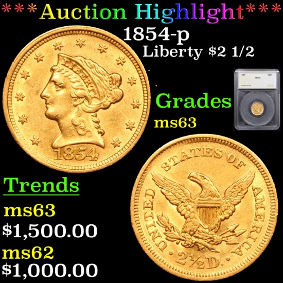 ***Auction Highlight*** 1854-p Gold Liberty Quarter Eagle $2 1/2 Graded ms63 By SEGS (fc)