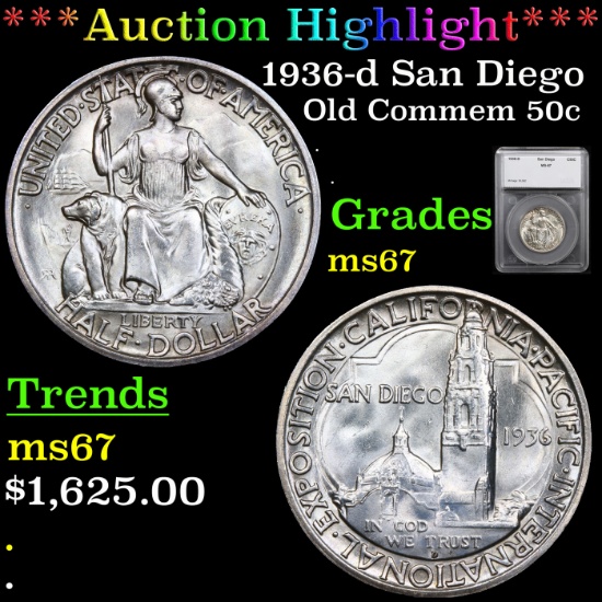 ***Auction Highlight*** 1936-d San Diego Old Commem Half Dollar 50c Graded ms67 By SEGS (fc)