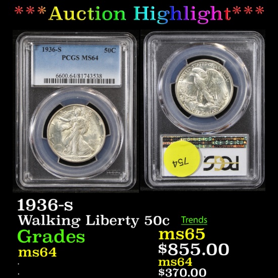 ***Auction Highlight*** PCGS 1936-s Walking Liberty Half Dollar 50c Graded ms64 By PCGS (fc)
