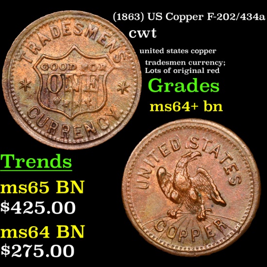 (1863) US Copper Civil War Token F-202/434a 1c Grades Choice+ Unc BN