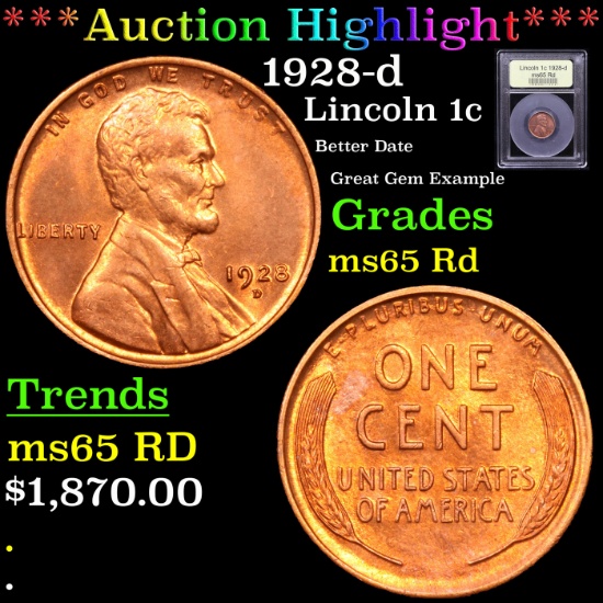 ***Auction Highlight*** 1928-d Lincoln Cent 1c Graded GEM Unc RD By USCG (fc)