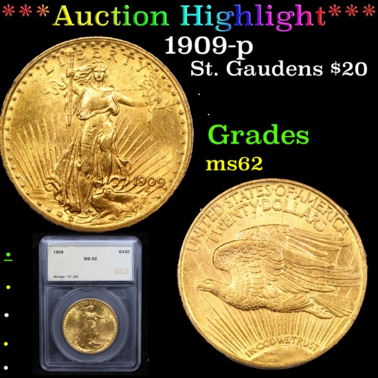 ***Auction Highlight*** 1909-p Gold St. Gaudens Double Eagle $20 Graded ms62 By SEGS (fc)