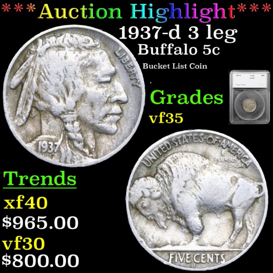 ***Auction Highlight*** 1937-d 3 leg Buffalo Nickel 5c Graded vf35 By SEGS (fc)