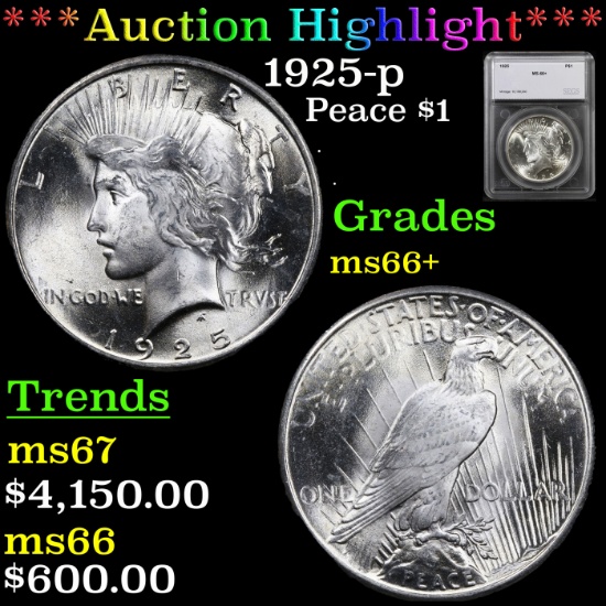 ***Auction Highlight*** 1925-p Peace Dollar $1 Graded ms66+ By SEGS (fc)