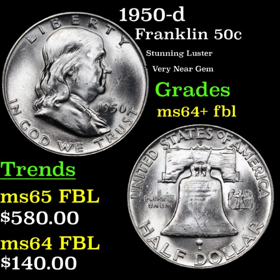 1950-d Franklin Half Dollar 50c Grades Choice Unc+ FBL