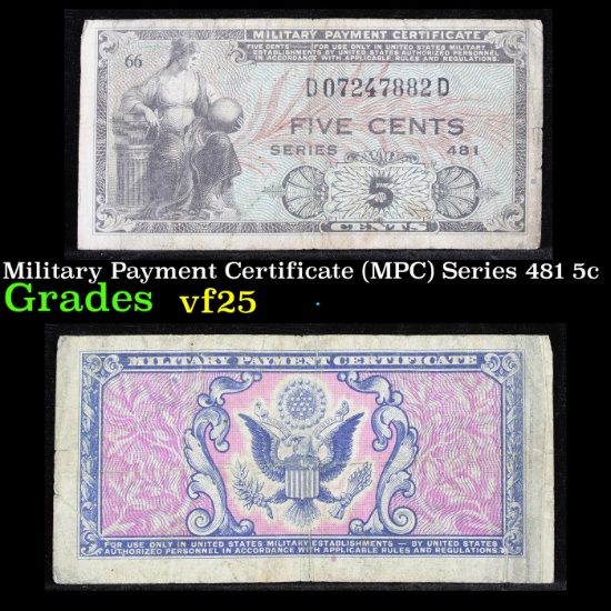 Military Payment Certificate (MPC) Series 481 5c Grades vf+