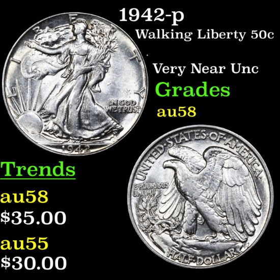 1942-p Walking Liberty Half Dollar 50c Grades Choice AU/BU Slider