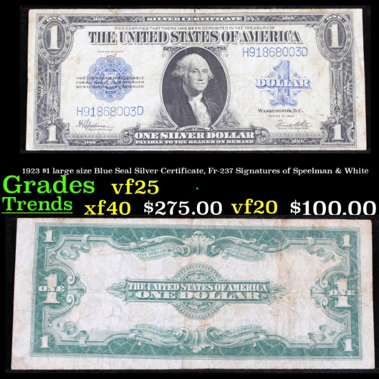 1923 $1 large size Blue Seal Silver Certificate, Fr-237 Signatures of Speelman & White Grades vf+