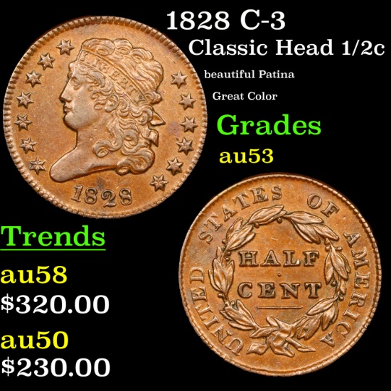 1828 Classic Head half cent C-3 1/2c Grades Select AU