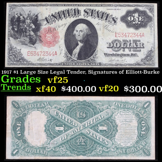 1917 $1 Large Size Legal Tender, Signatures of Elliott-Burke Grades vf+