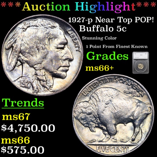 ***Auction Highlight*** 1927-p Buffalo Nickel Near Top POP! 5c Graded ms66+ By SEGS (fc)