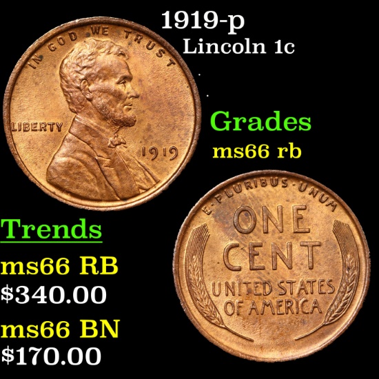 1919-p Lincoln Cent 1c Grades GEM+ Unc RB