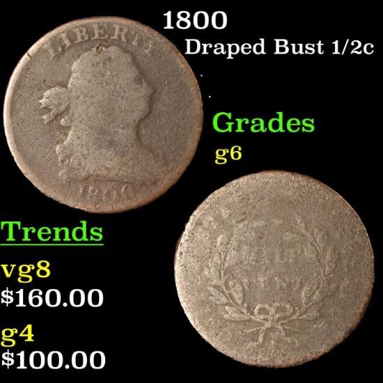 1800 Draped Bust Half Cent 1/2c Grades g+