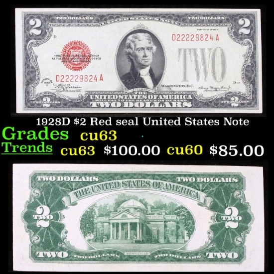 1928D $2 Red seal United States Note Grades Select CU