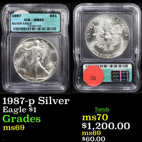 1987-p Silver Silver Eagle Dollar $1 Graded ms69 By ICG.