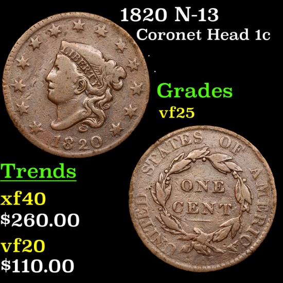 1820 Coronet Head Large Cent N-13 1c Grades vf+