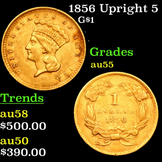 1856 Upright 5 Gold Dollar $1 Grades Choice AU