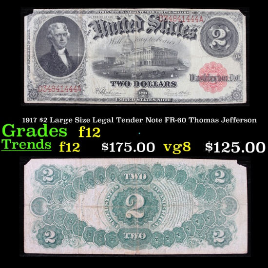 1917 $2 Large Size Legal Tender Note FR-60 Thomas Jefferson Grades f, fine