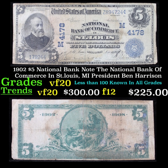1902 $5 National Bank Note The National Bank Of Commerce In St.louis, MI President Ben Harrison Grad