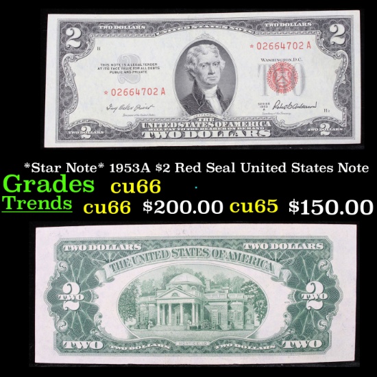 *Star Note* 1953A $2 Red Seal United States Note Grades Gem+ CU