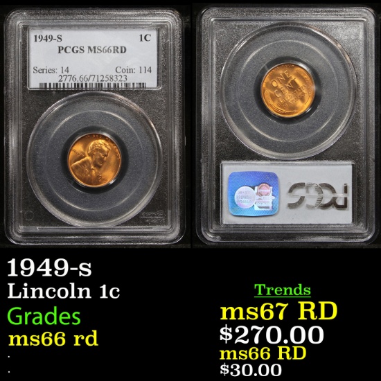 PCGS 1949-s Lincoln Cent 1c Graded ms66 rd By PCGS