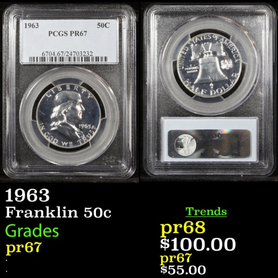 Proof PCGS 1963 Franklin Half Dollar 50c Graded pr67 By PCGS