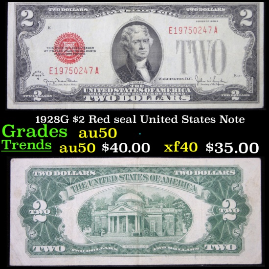 1928G $2 Red seal United States Note Grades AU, Almost Unc