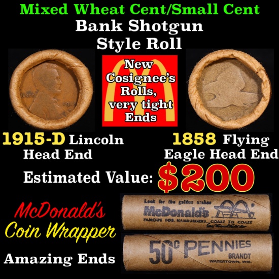 Mixed small cents 1c orig shotgun Bandt McDonalds roll, 1915-d Wheat Cent, 1858 Flying Eagle other e