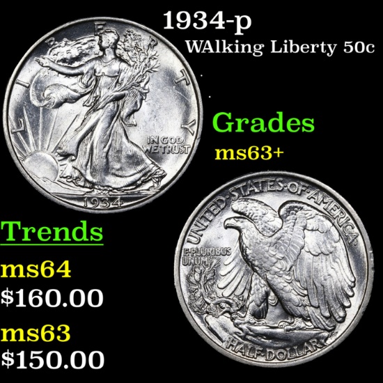 1934-p Walking Liberty Half Dollar 50c Grades Select+ Unc