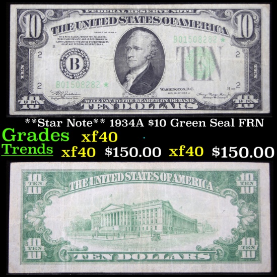 **Star Note** 1934A $10 Green Seal FRN Grades xf