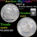 ***Auction Highlight*** 1867-p Seated Half Dollar 50c Graded ms63+ By SEGS (fc)