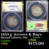 ANACS 1853-p Arrows & Rays Seated Half Dollar 50c Graded vf20 By ANACS
