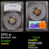 1911-p Barber Dime 10c Graded ms64 by PCGS