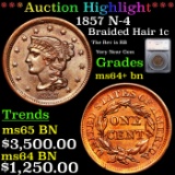 ***Auction Highlight*** 1857 Braided Hair Large Cent N-4 1c Graded ms64+ bn By SEGS (fc)