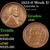 1922-d Weak D Lincoln Cent 1c Grades xf+