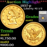 ***Auction Highlight*** 1857-p Gold Liberty Quarter Eagle 2.5 Graded ms62 By SEGS (fc)