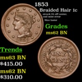 1853 Braided Hair Large Cent 1c Grades Select Unc BN