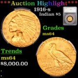 ***Auction Highlight*** 1916-s Gold Indian Half Eagle $5 Graded ms64 By SEGS (fc)