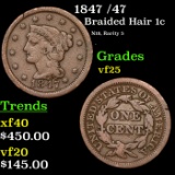 1847 Braided Hair Large Cent /47 1c Grades vf+