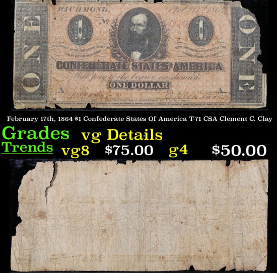 February 17th, 1864 $1 Confederate States Of America T-71 CSA Clement C. Clay Grades vg, very good