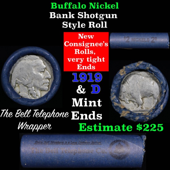 Buffalo Nickel Shotgun Roll in Bell Telephone Wrapper 1919 & d Mint Ends