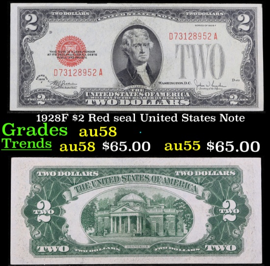 1928F $2 Red seal United States Note Grades Choice AU/BU Slider